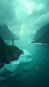 emerald theme, A dramatic bird s eye view of a stormy fjord, with dark clouds rolling in, waves crashing against the rocky shores