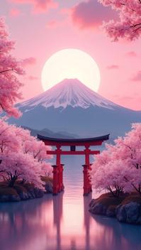 navajo white theme, A serene sunrise over Japan s Mount Fuji, with the torii gates of the Chureito Pagoda in the foreground, surrounded by a sea of pink and white cherry blossoms in full bloom