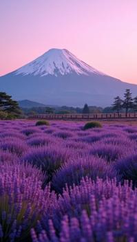 scarlet theme, Mount Fuji towering over a vast field of lavender in the Shikisai No Oka park, with a traditional Japanese tea ceremony taking place in the midst of the fragrant flowers