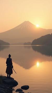 beige theme, A lone samurai warrior standing at the edge of Lake Ashi, with Mount Fuji reflected perfectly on the mirror like surface of the lake, during the golden hour of sunset