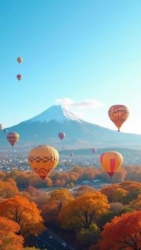 amber theme, Mount Fuji looming in the background as a colorful hot air balloon festival takes place, with dozens of balloons in various shapes and sizes floating in the clear blue sky