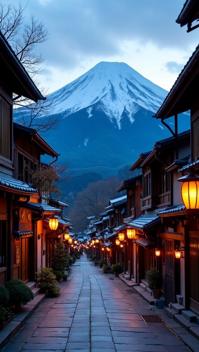 myrtle theme, A snow capped Mount Fuji providing a stunning backdrop to the historic buildings and narrow alleys of the well preserved old town of Takayama, illuminated by the soft glow of traditional paper lanterns