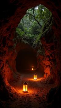 tangerine theme, The Thurston Lava Tube, illuminated by the soft glow of lanterns, with the dense rainforest canopy above and the eerie