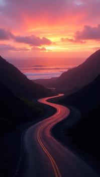 tan theme, The Chain of Craters Road at sunrise, with the winding path cutting through the stark, volcanic landscape
