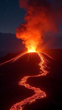 russet theme, A dramatic eruption of the Mauna Loa volcano at night, with fiery lava fountains shooting high into the air, and the orange