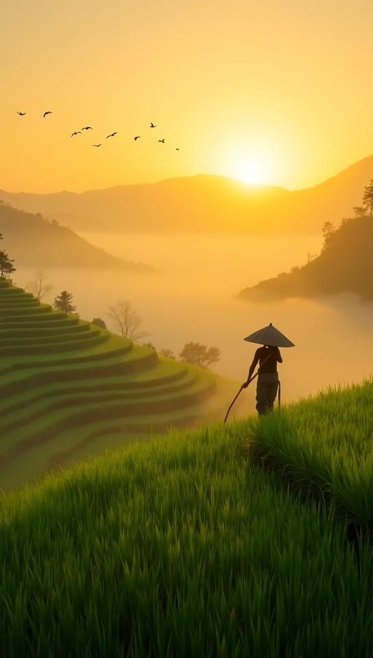 tan theme, A serene sunrise over Bali s iconic Tegalalang Rice Terraces, with mist gently rolling over the lush, green fields Include a silhouette of a Balinese farmer at work