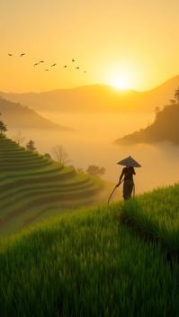 tan theme, A serene sunrise over Bali s iconic Tegalalang Rice Terraces, with mist gently rolling over the lush, green fields Include a silhouette of a Balinese farmer at work
