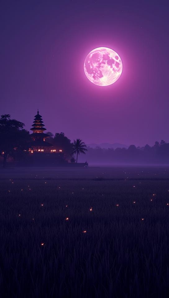 mauve theme, A mystical night scene of Bali s rice fields, with a full moon casting a silvery glow over the landscape Add a Balinese style stone temple illuminated by lanterns in the distance, and fireflies dancing gently above the rice fields