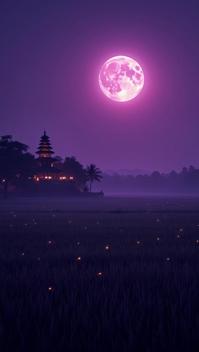 mauve theme, A mystical night scene of Bali s rice fields, with a full moon casting a silvery glow over the landscape Add a Balinese style stone temple illuminated by lanterns in the distance, and fireflies dancing gently above the rice fields