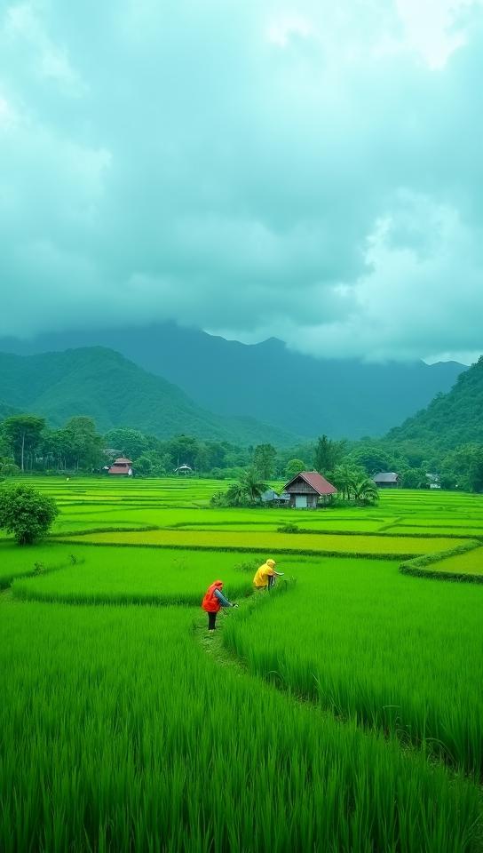 office green theme, A panoramic view of Bali s rice fields during the rainy season, with dramatic, stormy clouds gathering above the lush