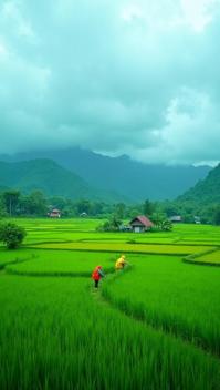 office green theme, A panoramic view of Bali s rice fields during the rainy season, with dramatic, stormy clouds gathering above the lush