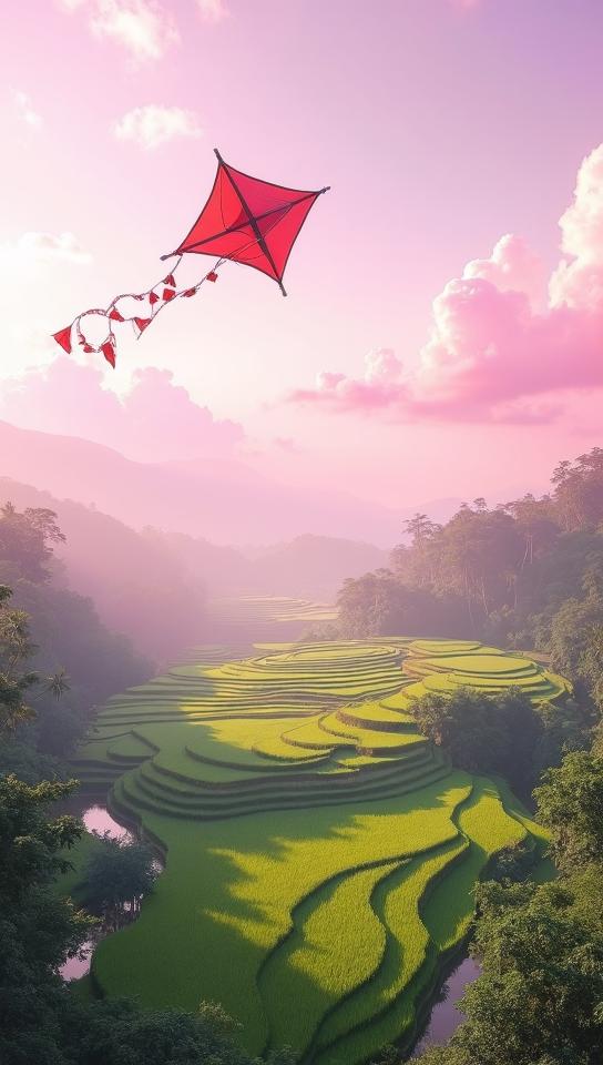 shocking pink theme, A whimsical, dreamlike interpretation of Bali s rice fields, with surreal