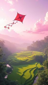shocking pink theme, A whimsical, dreamlike interpretation of Bali s rice fields, with surreal