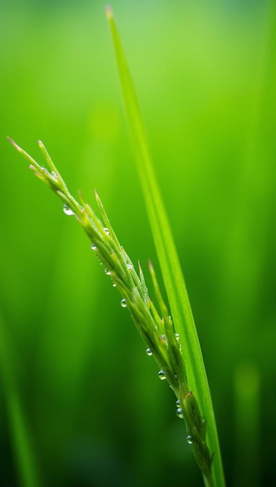 raw umber theme, A close up, macro view of a single, vibrant green rice plant growing in Bali s rice fields