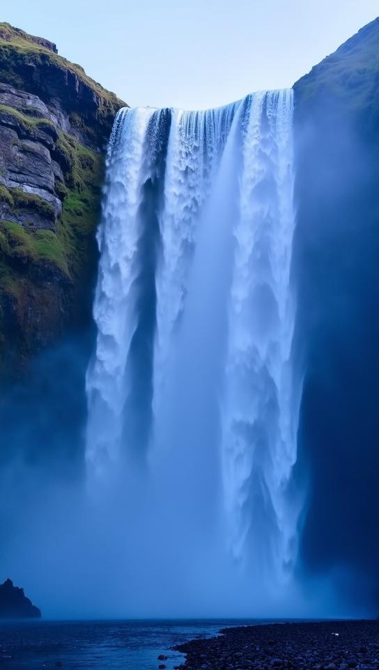 blue violet theme, A breathtaking close up of the powerful Dettifoss waterfall in Iceland, capturing the raw power and mist as it thunders down into the canyon below, surrounded by the lush greenery and rugged cliffs of the J kuls rglj fur National Park