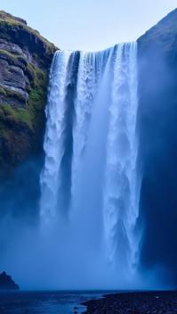 blue violet theme, A breathtaking close up of the powerful Dettifoss waterfall in Iceland, capturing the raw power and mist as it thunders down into the canyon below, surrounded by the lush greenery and rugged cliffs of the J kuls rglj fur National Park