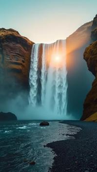 teal theme, A serene, wide angle view of Seljalandsfoss waterfall in Iceland at sunset, showcasing the unique perspective of looking out from behind the falls
