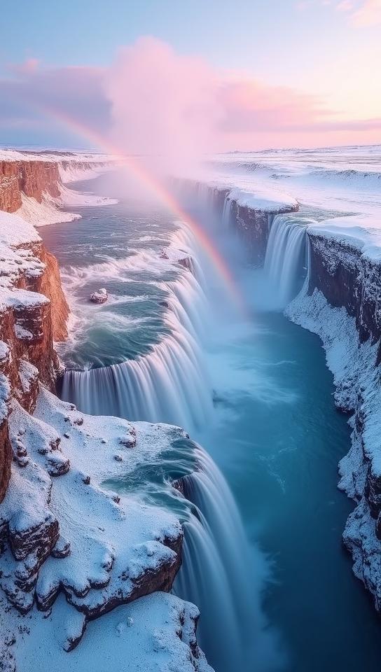 scarlet theme, A dramatic aerial view of the majestic Gullfoss waterfall in Iceland, highlighting the stunning double cascade and the surrounding landscape covered in a blanket of snow and ice, with the vivid rainbow arcing over the falls