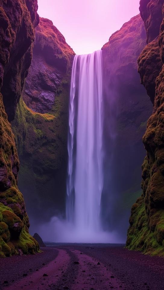 magenta theme, A mystical scene of the hidden Glj frab i waterfall in Iceland, tucked away within a narrow canyon, featuring the lush moss covered walls and the delicate mist created by the falling water