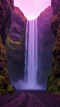 magenta theme, A mystical scene of the hidden Glj frab i waterfall in Iceland, tucked away within a narrow canyon, featuring the lush moss covered walls and the delicate mist created by the falling water