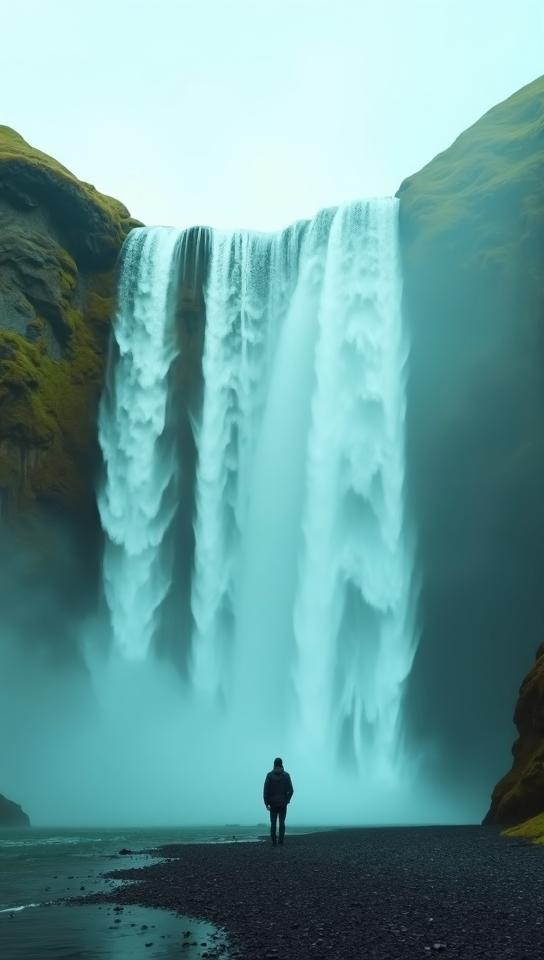 pine green theme, A panoramic view of the iconic Sk gafoss waterfall in Iceland, capturing the sheer size and power of the falls as it plummets to the ground below, with a lone visitor standing in awe at the base