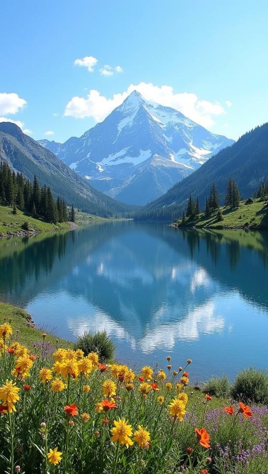 puce theme, Create a panoramic landscape of the majestic Mount Elbert in Colorado, capturing the snow capped peak reflected in a pristine alpine lake, with vibrant wildflowers in the foreground and a clear blue sky overhead