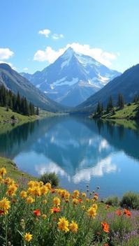 puce theme, Create a panoramic landscape of the majestic Mount Elbert in Colorado, capturing the snow capped peak reflected in a pristine alpine lake, with vibrant wildflowers in the foreground and a clear blue sky overhead