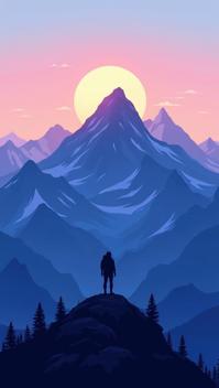 sapphire theme, Design an image of a lone hiker standing at the summit of Longs Peak, with the rugged Rocky Mountains stretching out behind, and a serene sunset painting the sky with hues of orange and pink