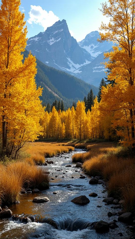 bistre theme, Generate a scenic view of the Maroon Bells twin peaks in Colorado, framed by a grove of golden aspen trees in full autumn splendor, with a crystal clear stream flowing gently in the foreground
