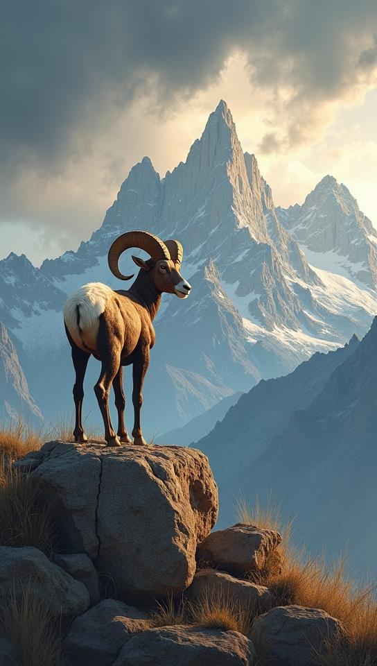 champagne theme, Illustrate a close up of a majestic bighorn sheep standing on a rocky outcrop, with the jagged peaks of the San Juan Mountains towering in the background under a dramatic stormy sky