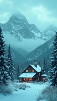 sea green theme, Produce an image of a cozy mountain cabin nestled in a valley, with the towering peaks of the Colorado Rockies rising behind, and a gentle snowfall blanketing the landscape in a soft white glow