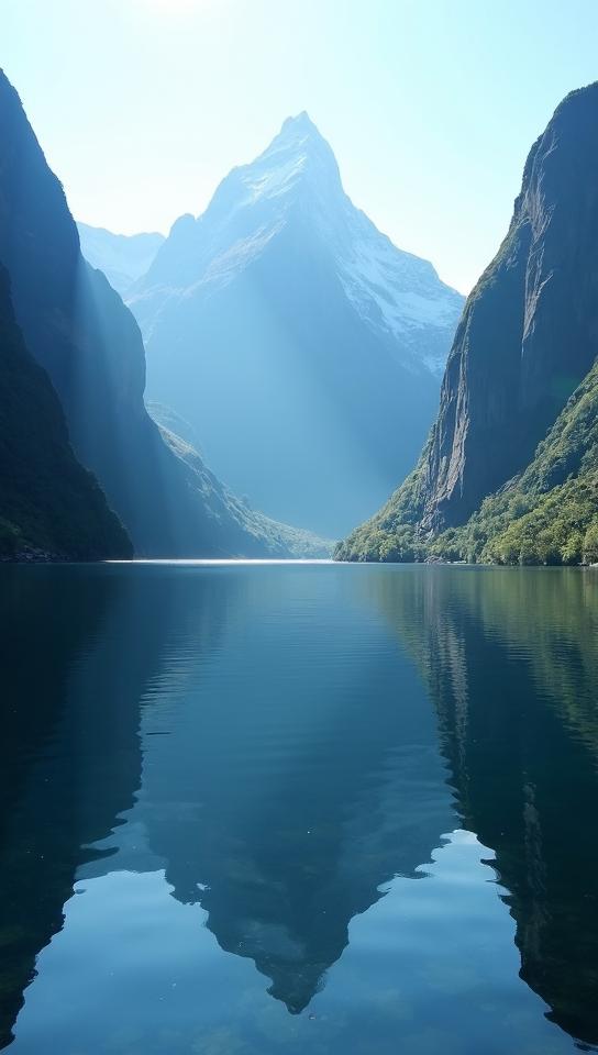 navajo white theme, A serene sunlight vista of New Zealand s Milford Sound, with towering Mitre Peak reflected in the crystal clear waters, surrounded by lush green cliffs and a hint of mist in the air