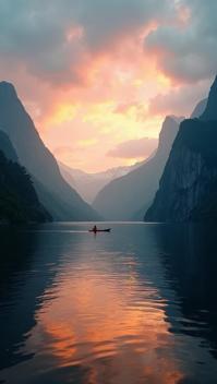 emerald theme, A panoramic view of Milford Sound at sunset, with the sky ablaze in hues of orange and pink, and a lone kayaker silhouetted against the tranquil waters