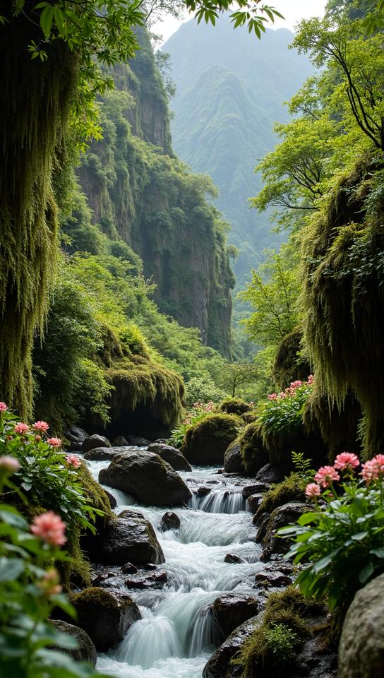 lemon chiffon theme, A close up of Milford Sound s verdant flora, with dripping moss, delicate ferns