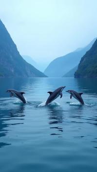 heliotrope theme, A wildlife encounter at Milford Sound, with a group of playful dolphins leaping out of the water, set against the backdrop of the towering fiords and the vast open sea