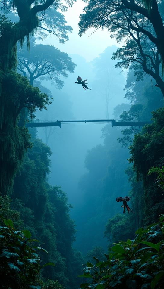 prussian blue theme, Create a lush, misty Costa Rican cloud forest landscape at sunrise, with towering trees draped in moss