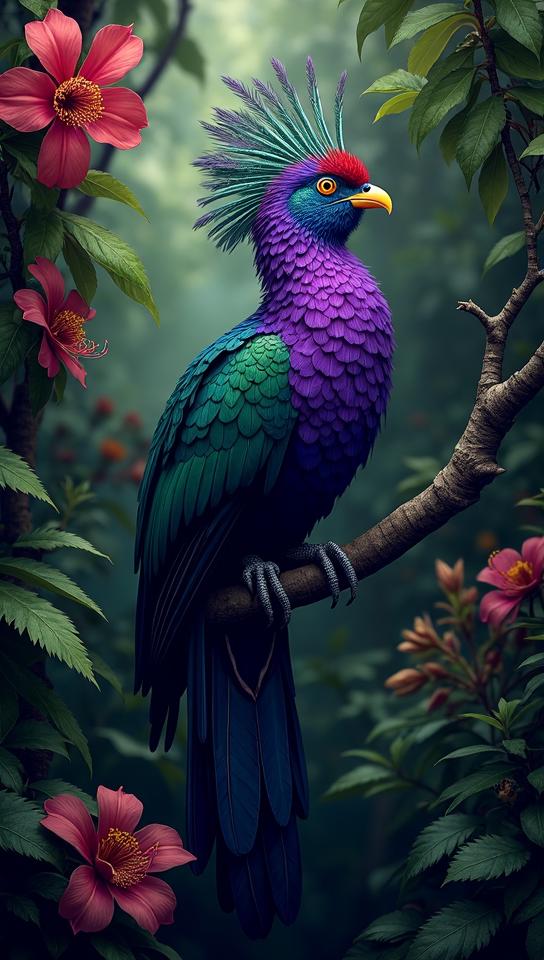 eggplant theme, Illustrate the majestic Resplendent Quetzal in its natural habitat, perched on a branch within a dense cloud forest, surrounded by orchids