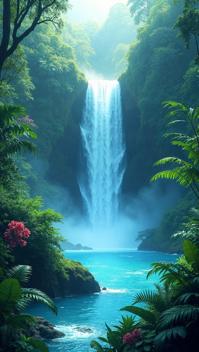 misty rose theme, Design a serene scene of the Rio Celeste waterfall in Costa Rica s cloud forest, capturing the magical blue waters flowing through the lush jungle, with a variety of ferns and flowers framing the view