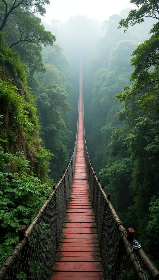 red theme, Generate an image of a rustic wooden suspension bridge stretching across a verdant gorge in a Costa Rican cloud forest, with wisps of fog and diverse wildlife scattered throughout the scene