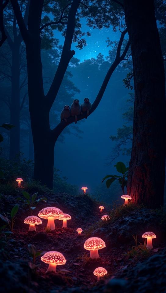 sangria theme, Produce a captivating nighttime image of a cloud forest in Costa Rica, featuring bioluminescent fungi glowing on the forest floor, a starry sky peeking through the canopy