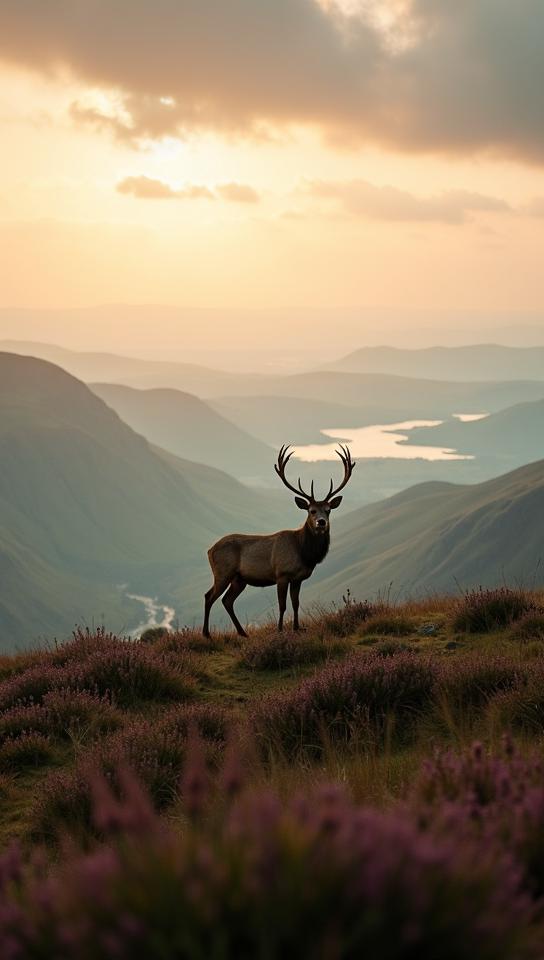 wheat theme, A lone stag standing majestically atop a heather covered hill in the Scottish Highlands, with rolling green landscapes and misty lochs stretching out below, under a dramatic sunset sky