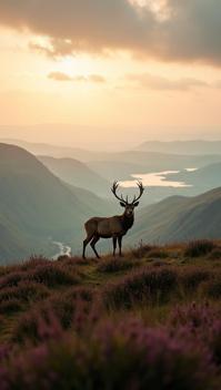 wheat theme, A lone stag standing majestically atop a heather covered hill in the Scottish Highlands, with rolling green landscapes and misty lochs stretching out below, under a dramatic sunset sky