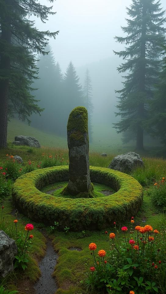 french rose theme, An ancient, moss covered stone circle in a remote glen within the Scottish Highlands, surrounded by lush woodlands and vibrant wildflowers