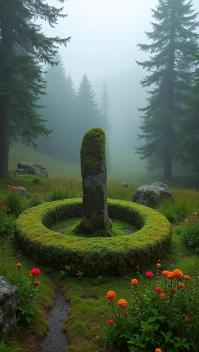 french rose theme, An ancient, moss covered stone circle in a remote glen within the Scottish Highlands, surrounded by lush woodlands and vibrant wildflowers