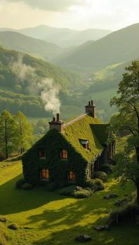 forest green theme, A cozy, ivy covered croft house nestled in a valley of the Scottish Highlands, with smoke curling from the chimney and golden sunlight illuminating the surrounding patchwork of farmlands and forests