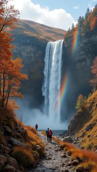 bronze theme, A dramatic waterfall cascading down a rocky mountainside in the Scottish Highlands, framed by vibrant autumn foliage and a shimmering rainbow, with a pair of hikers admiring the view from a nearby path