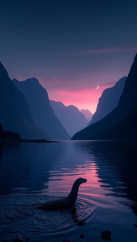 vermilion theme, A serene view of the Scottish Highlands famos Loch Ness, with the storied monster playfully breaking the surface of the dark, glassy water