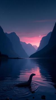 vermilion theme, A serene view of the Scottish Highlands famos Loch Ness, with the storied monster playfully breaking the surface of the dark, glassy water