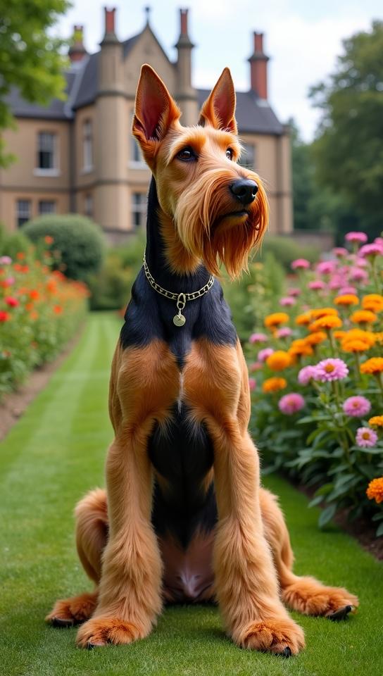 coral theme, Generate a portrait of a dignified Airedale Terrier sitting in a lush English garden, with vibrant flowers and a historic manor house in the background, showcasing the dog s size and elegant tan and black coat