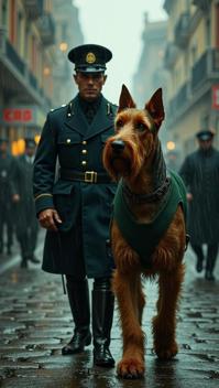 malachite theme, Illustrate an Airedale Terrier working alongside a th century policeman in a bustling, rainy city street scene, showcasing the dog s alert expression and muscular build